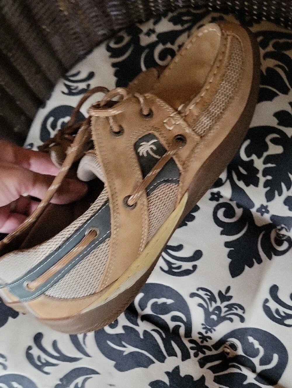 Margaritaville Men's Boat Shoes in Tan and Gray with Mesh Panels